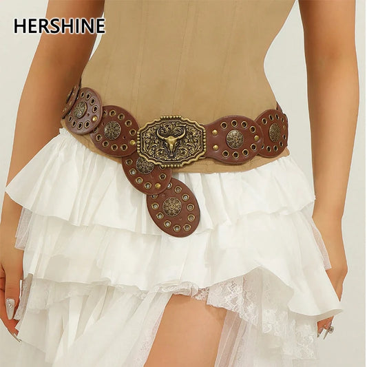 HERSHINE Womens Vintage Bull Head Buckle Patchwork Belt