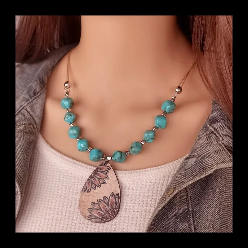 NONECN Western Farm Style Wooden Water Drops Sunflower Pendant Necklace