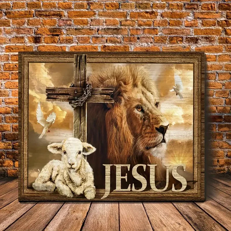 NONECN Unframed Canvas Print Animal Wall Art Lamb Cross Lion