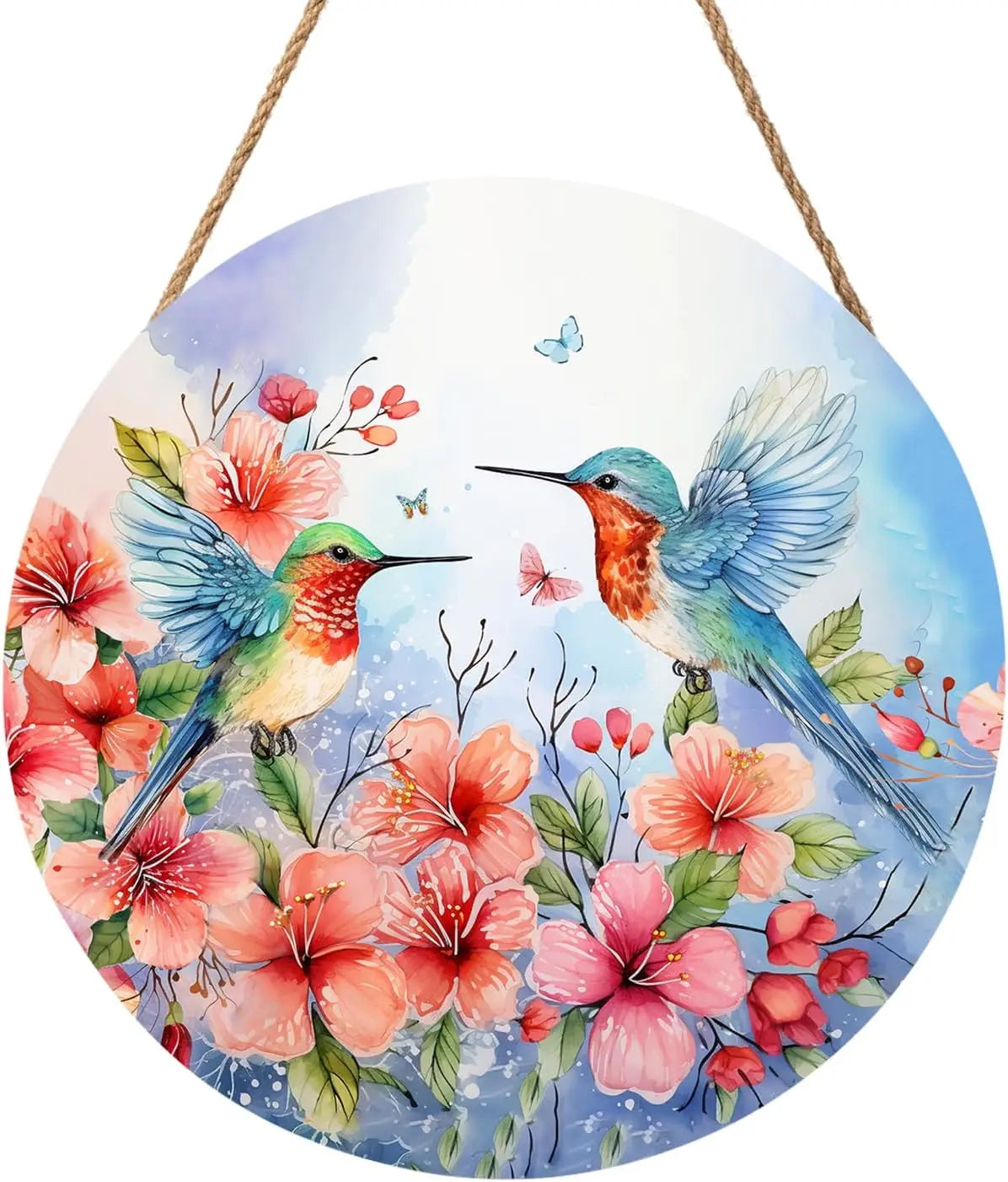 Spring Flowers Hummingbird Round Wooden Sign for Farmhouse Decor