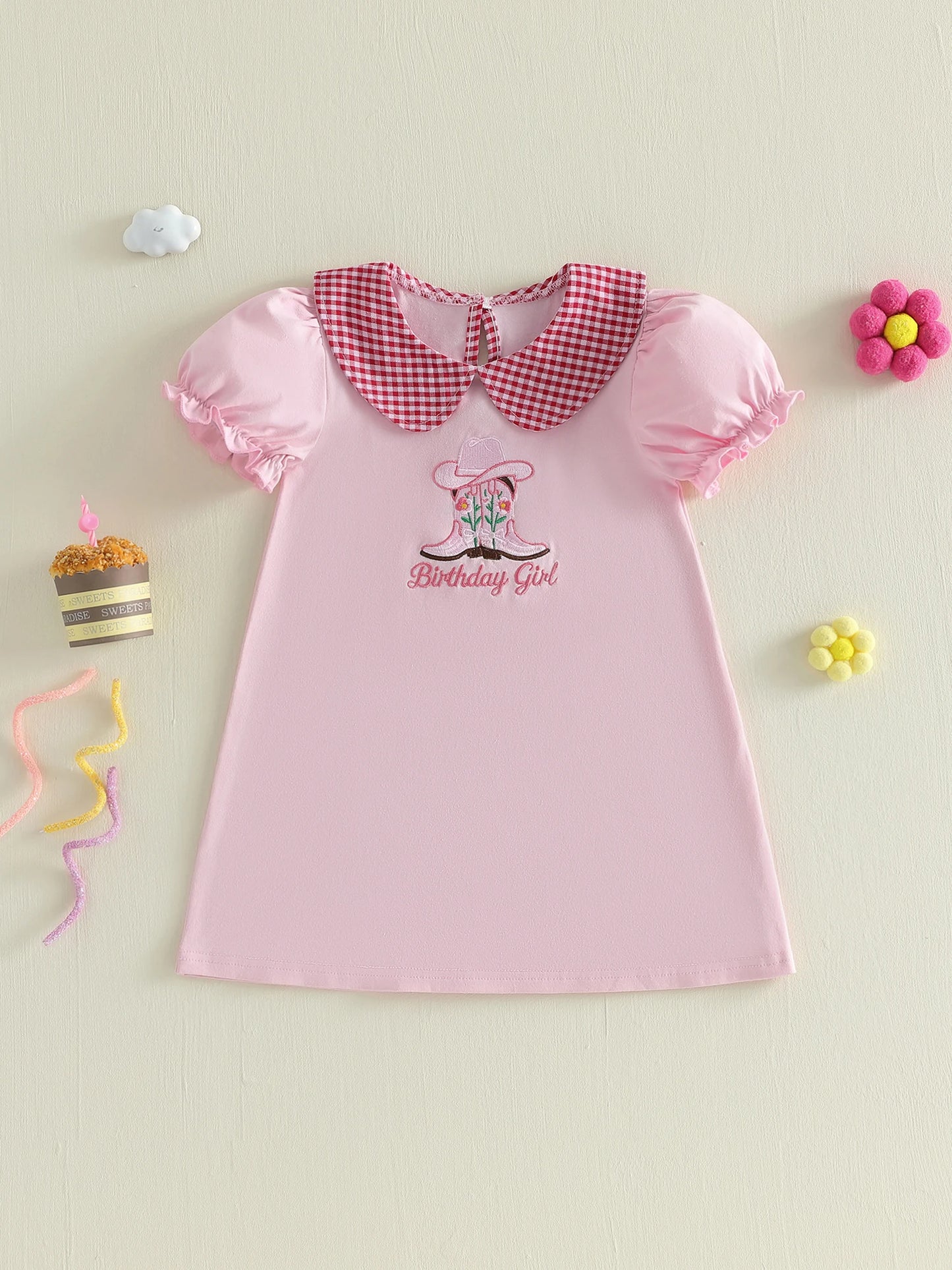 Infant Girls Western Cowgirl Dress With Embroidered Puff Sleeves