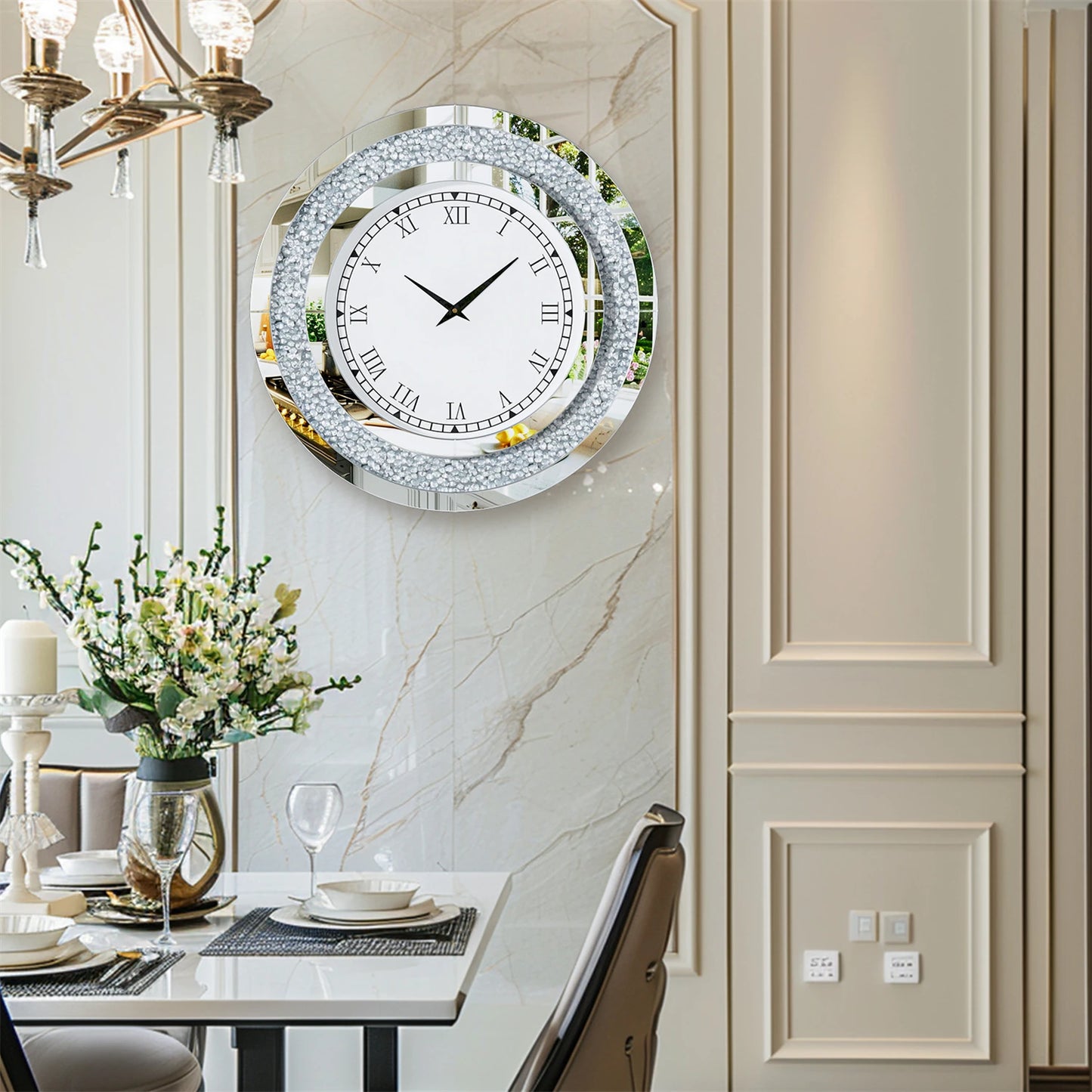 Round Mirrored Wall Clock with Crystal Sparkle Bling