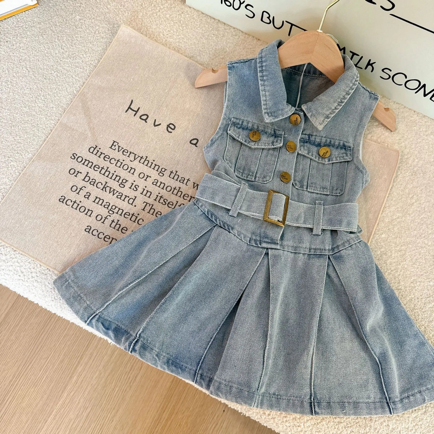 Girls Casual Sleeveless Shirt Collar Pleated Western Dress