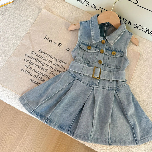 Girls Casual Sleeveless Shirt Collar Pleated Western Dress