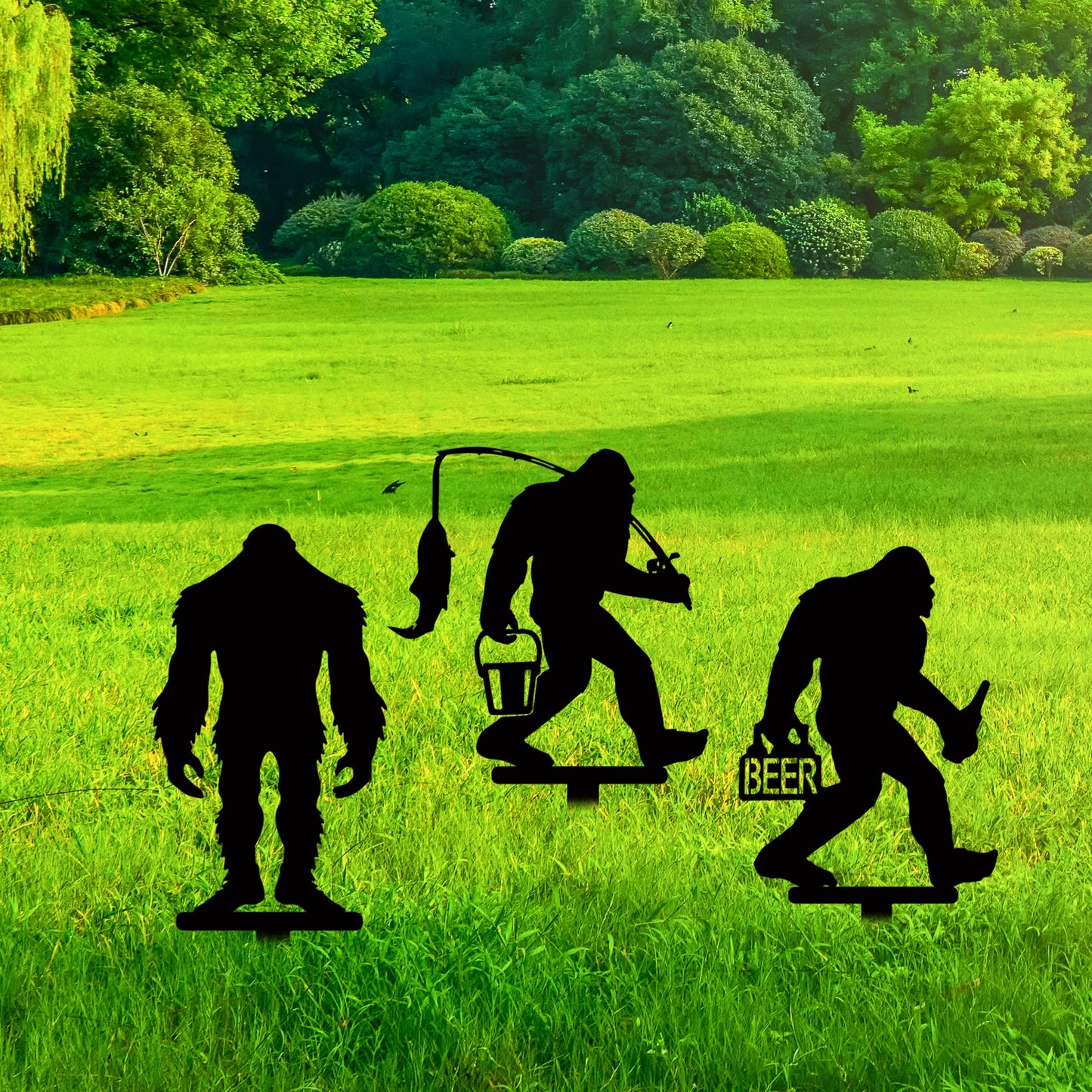 Three Piece Metal Sasquatch Garden Stakes Outdoor Decor