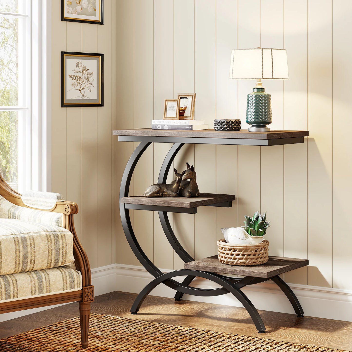 Tribesigns C-Shaped End Table Industrial 3-Tier With Storage Shelves