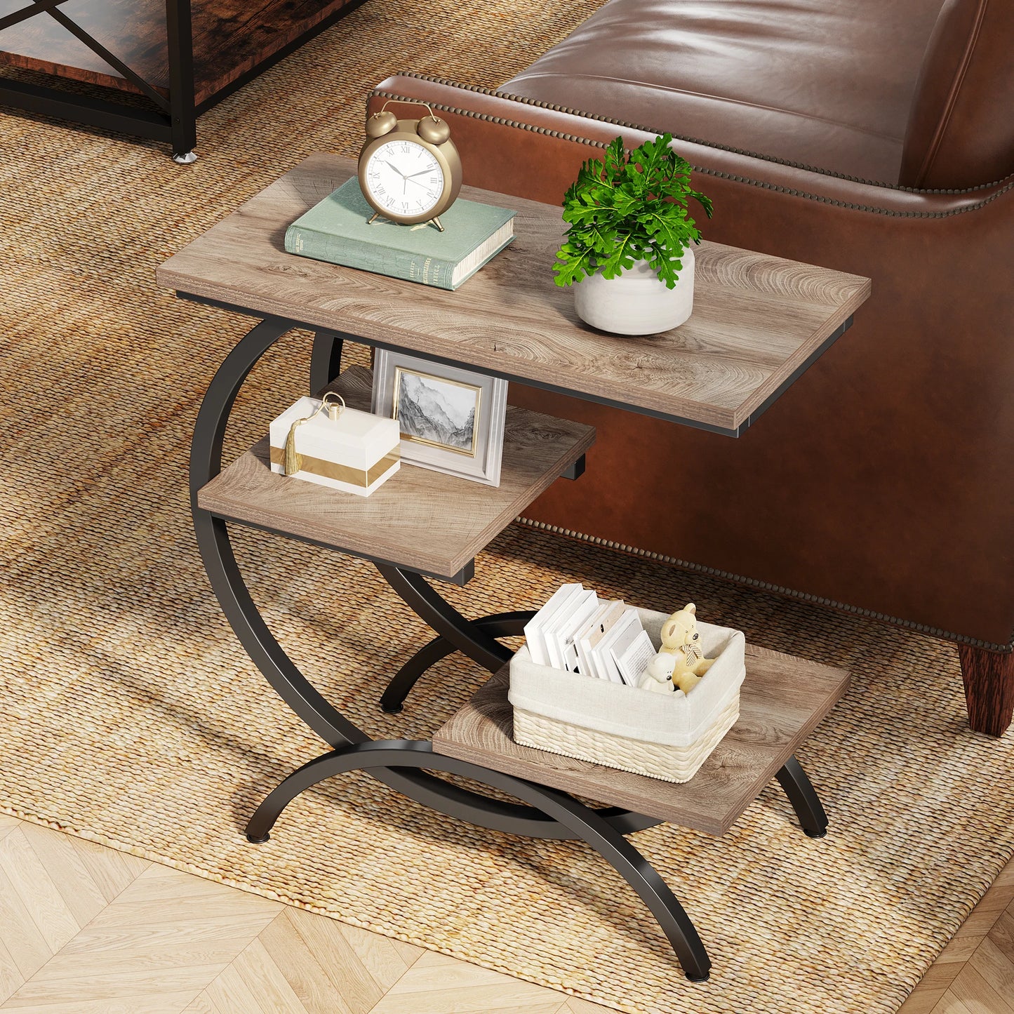 Tribesigns C-Shaped End Table Industrial 3-Tier With Storage Shelves