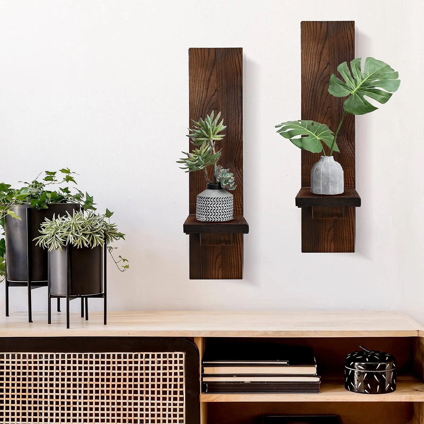 Rustic Wooden Wall Candle Sconces Set