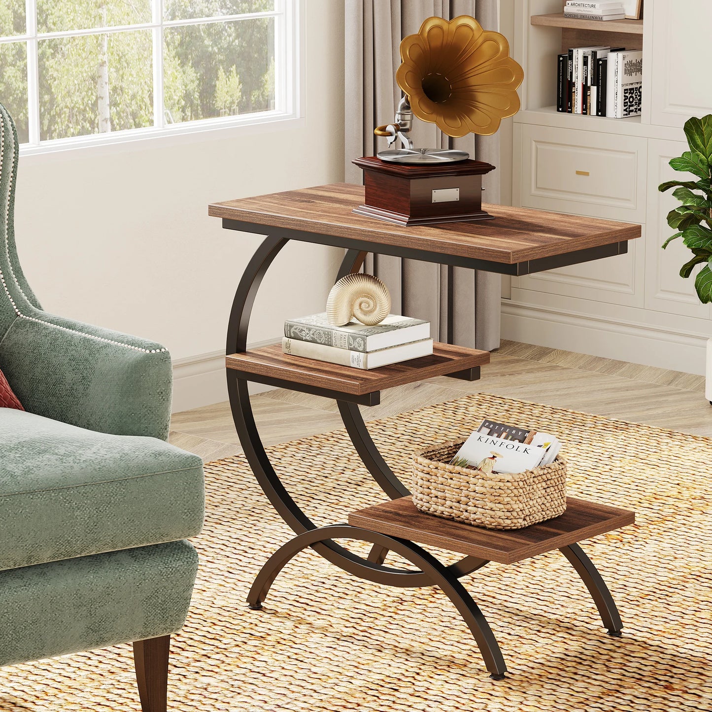 Tribesigns C-Shaped End Table Industrial 3-Tier With Storage Shelves