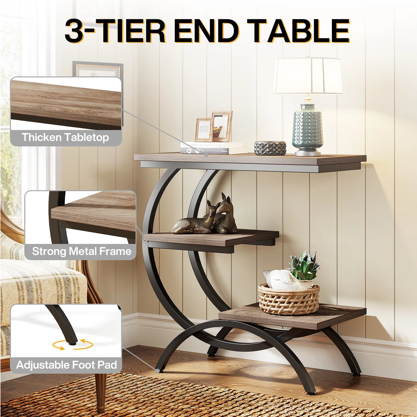 Tribesigns C-Shaped End Table Industrial 3-Tier With Storage Shelves