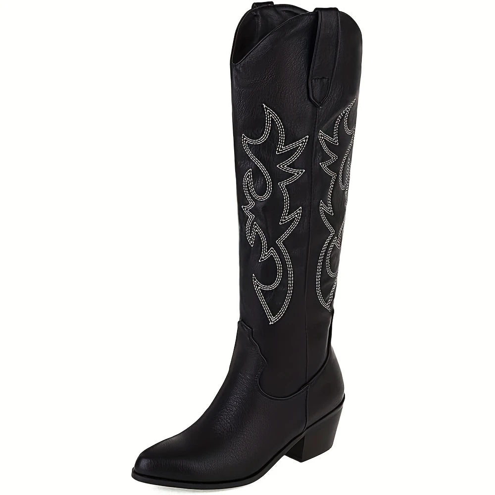 Western Embroidered Knee High Boots For Women Point Toe Heels