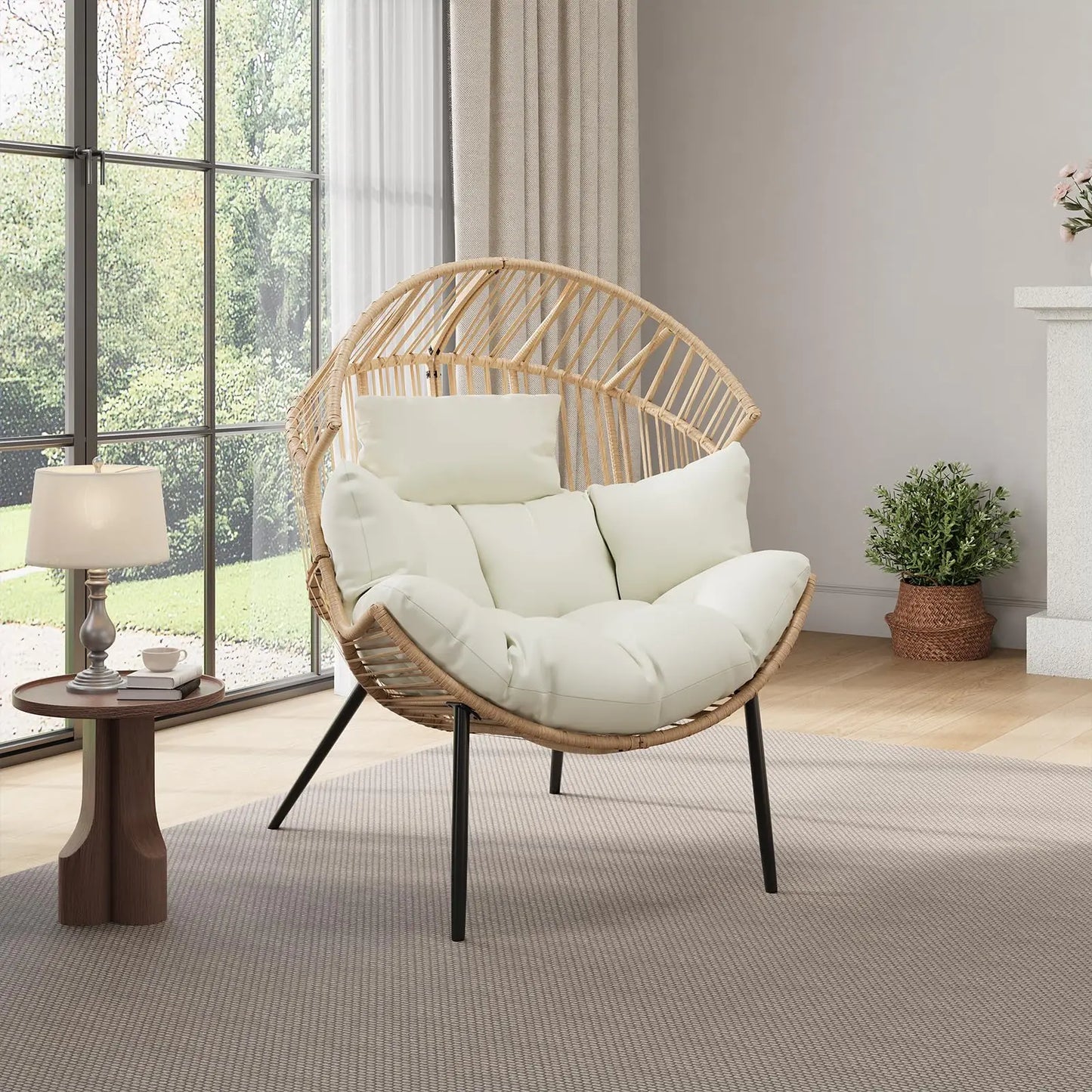HiMISS Outdoor Wicker Egg Chair Rocker Papasan Lounge Chair with Cushion