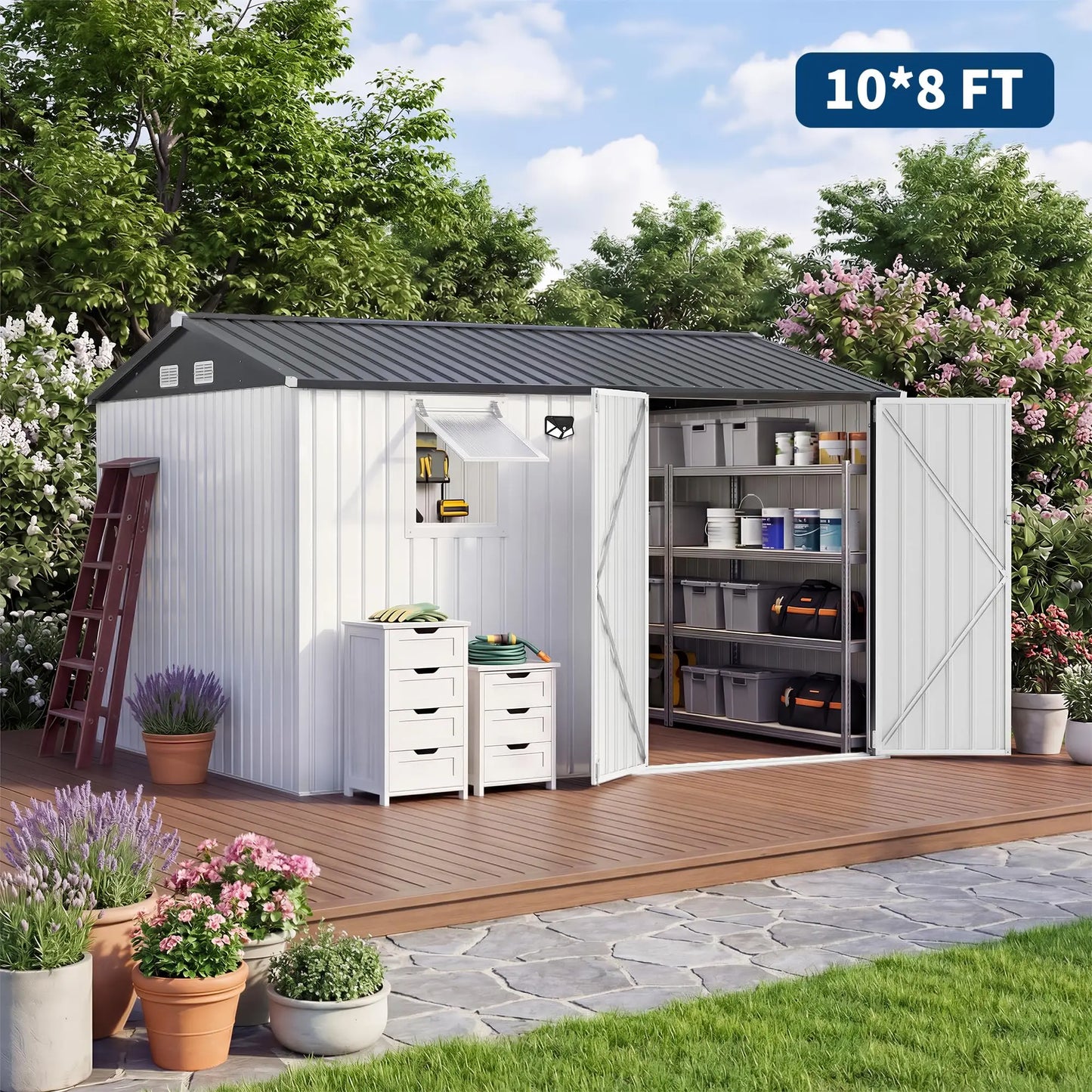 HiMISS Steel Garden Storage Shed With Sloped Roof Lockable Doors