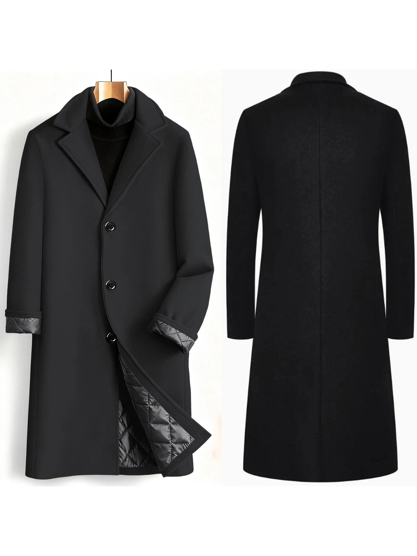 NONECN Mens Classic Wool Blend Pea Coat With Notched Lapel Overcoat