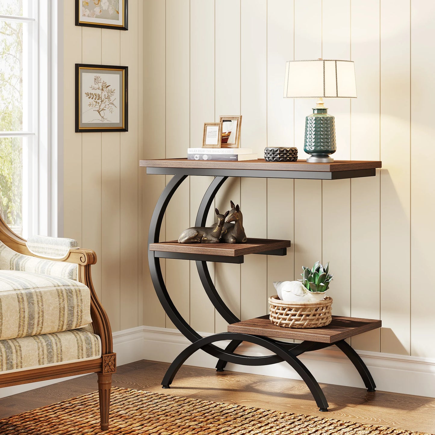 Tribesigns C-Shaped End Table Industrial 3-Tier With Storage Shelves