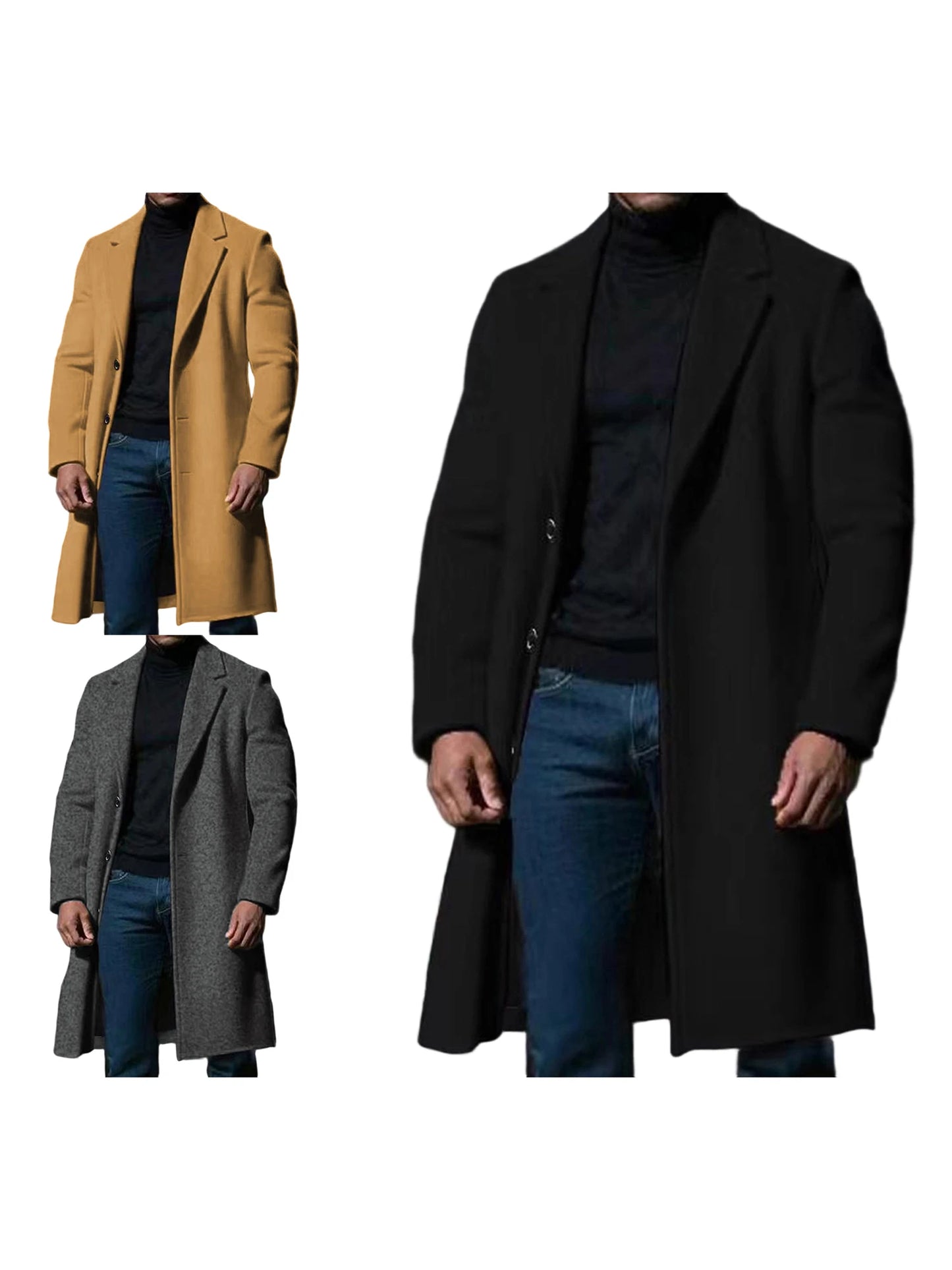 NONECN Mens Classic Wool Blend Pea Coat With Notched Lapel Overcoat