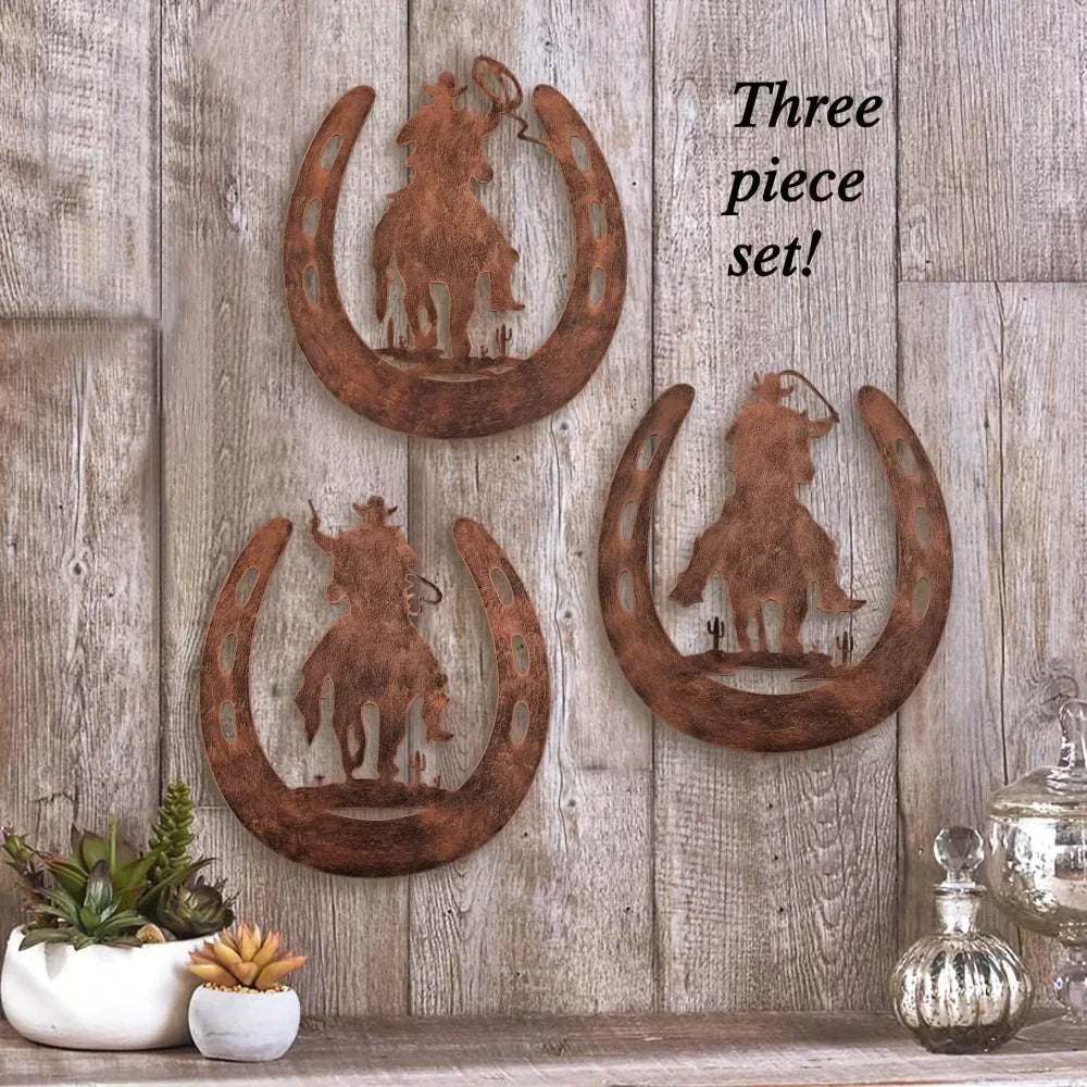 HelloYoung Horseshoe Metal Wall Decor 3pc Set Cowboy Western Rustic
