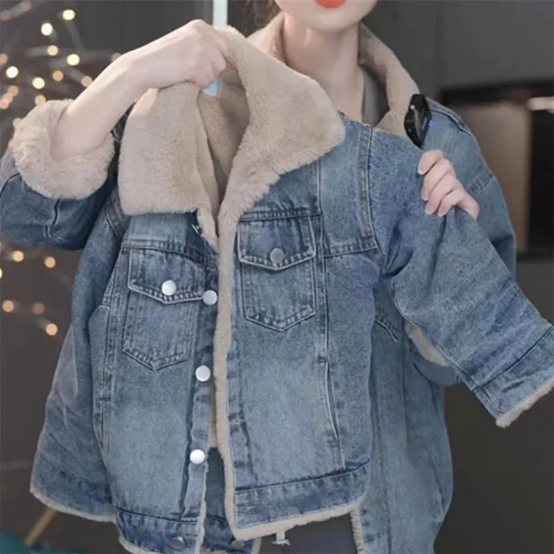 Girls Thick Denim Jacket Velvet Lined Padded Coat For Kids