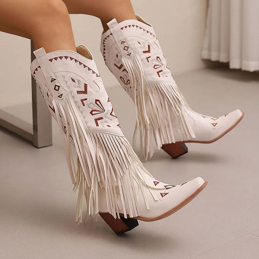 GIGIFOX Retro Tassel Embroidered Cowgirl Western Boots