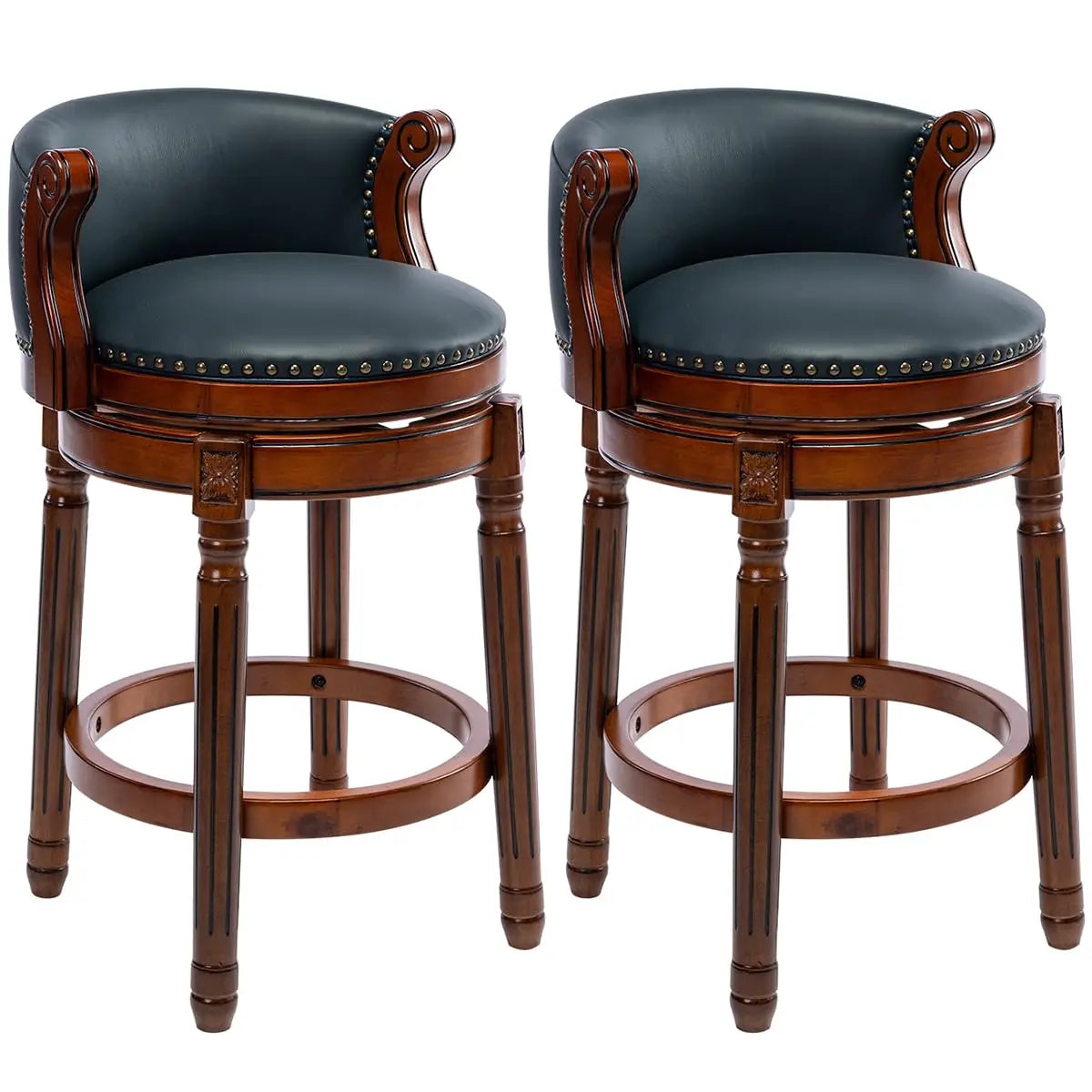 Leather Wooden Bar Stool With Back 29.5 Swivel Bar Chair