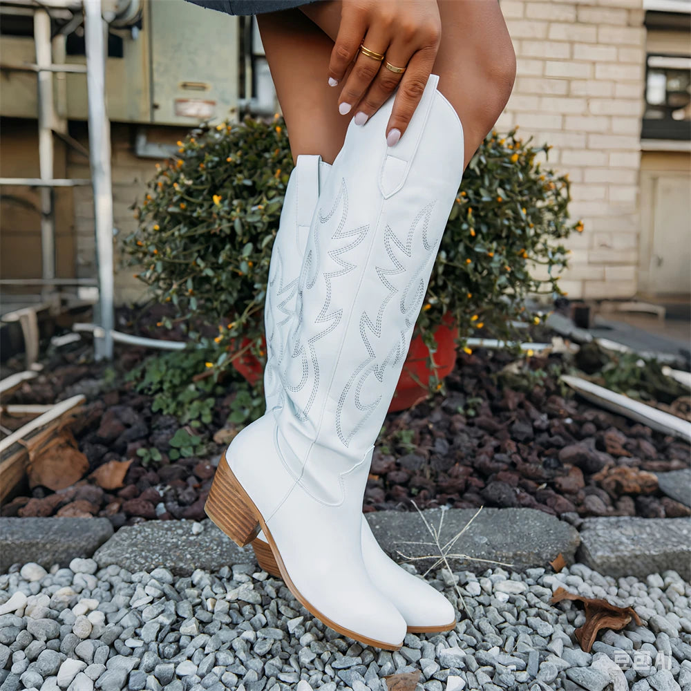Western Embroidered Knee High Boots For Women Point Toe Heels
