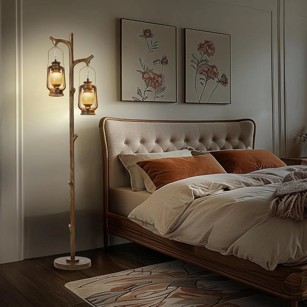 Rustic Farmhouse Bamboo Tree Trunk Floor Lamp Lantern Dimmer