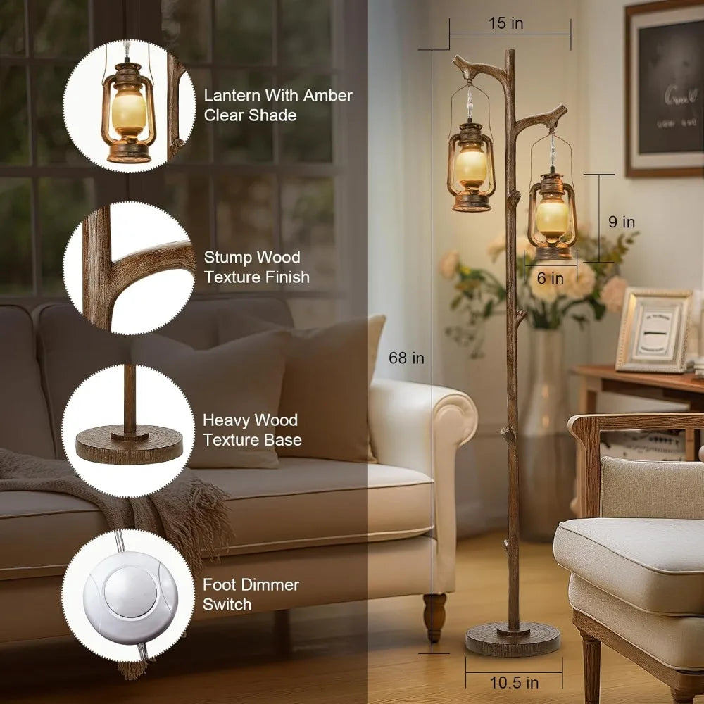 Rustic Farmhouse Bamboo Tree Trunk Floor Lamp Lantern Dimmer
