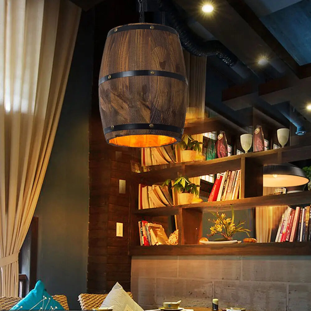 Hanging Vintage Wine Barrel Light Rustic Wooden Ceiling Lamp