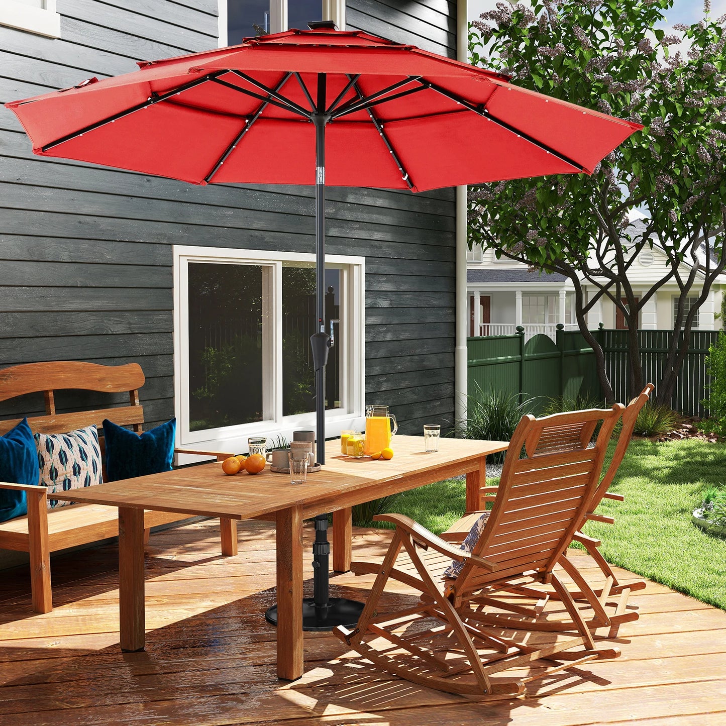 Solar Patio Umbrella With 32 LED Lights Tilt Adjustment Lift