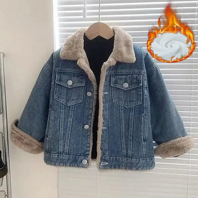 Girls Thick Denim Jacket Velvet Lined Padded Coat For Kids