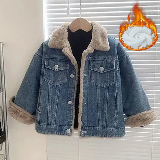 Girls Thick Denim Jacket Velvet Lined Padded Coat For Kids