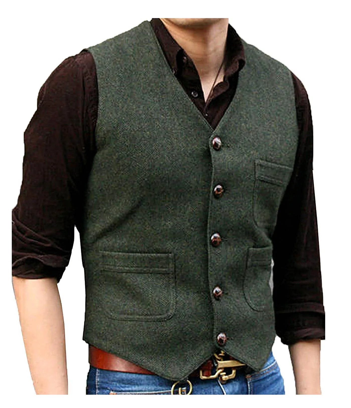 SOLOVEDRESSCN Men's Formal V Neck Wool Herringbone Tweed Waistcoat