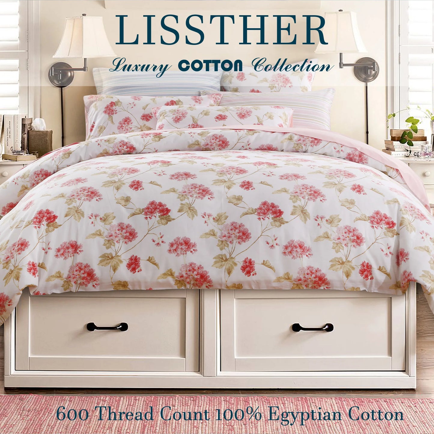 LISSTHERCN 600TC Egyptian Cotton Duvet Cover Set 3pc