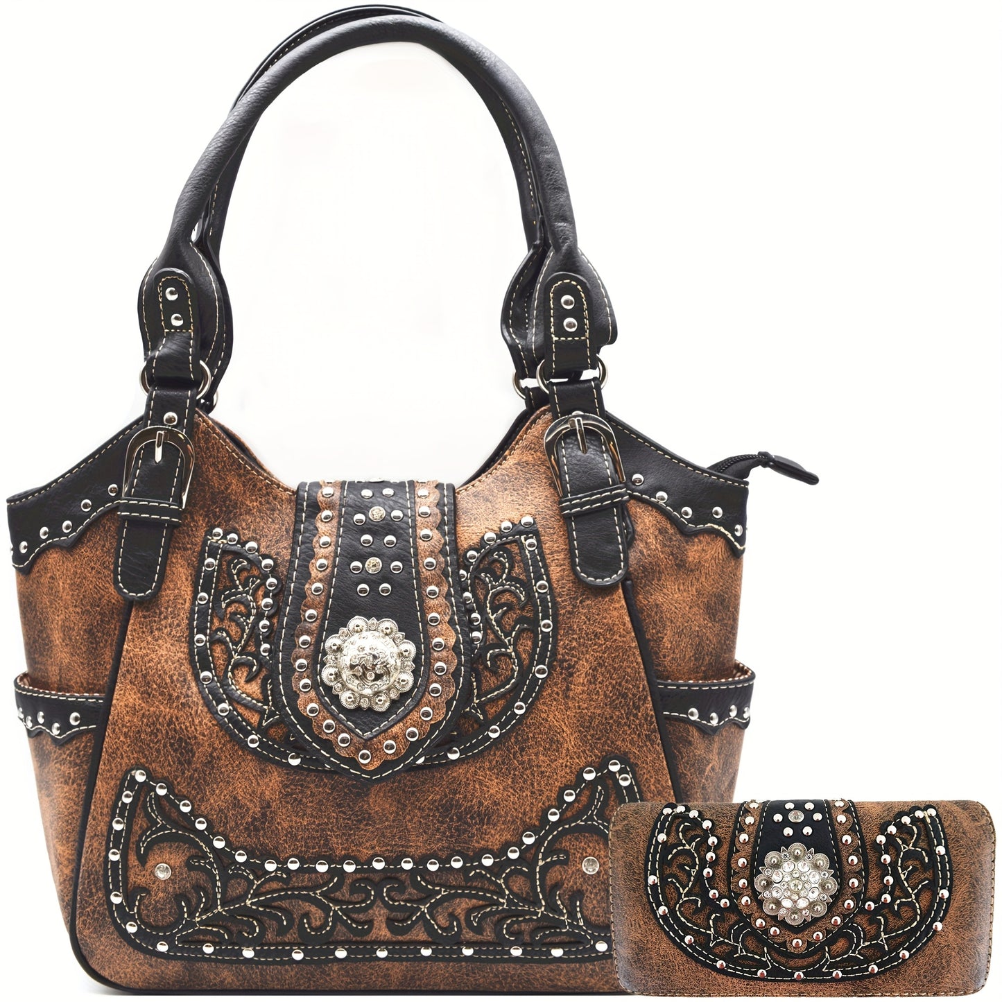 Western Rhinestone Concho Purse and Wallet Set for Cowgirl