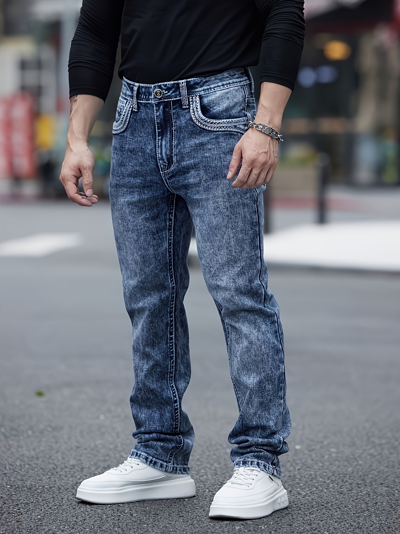 ESDVQ Men's Classic Embroidered Straight-Leg Stretch Denim Pants With Comfortability
