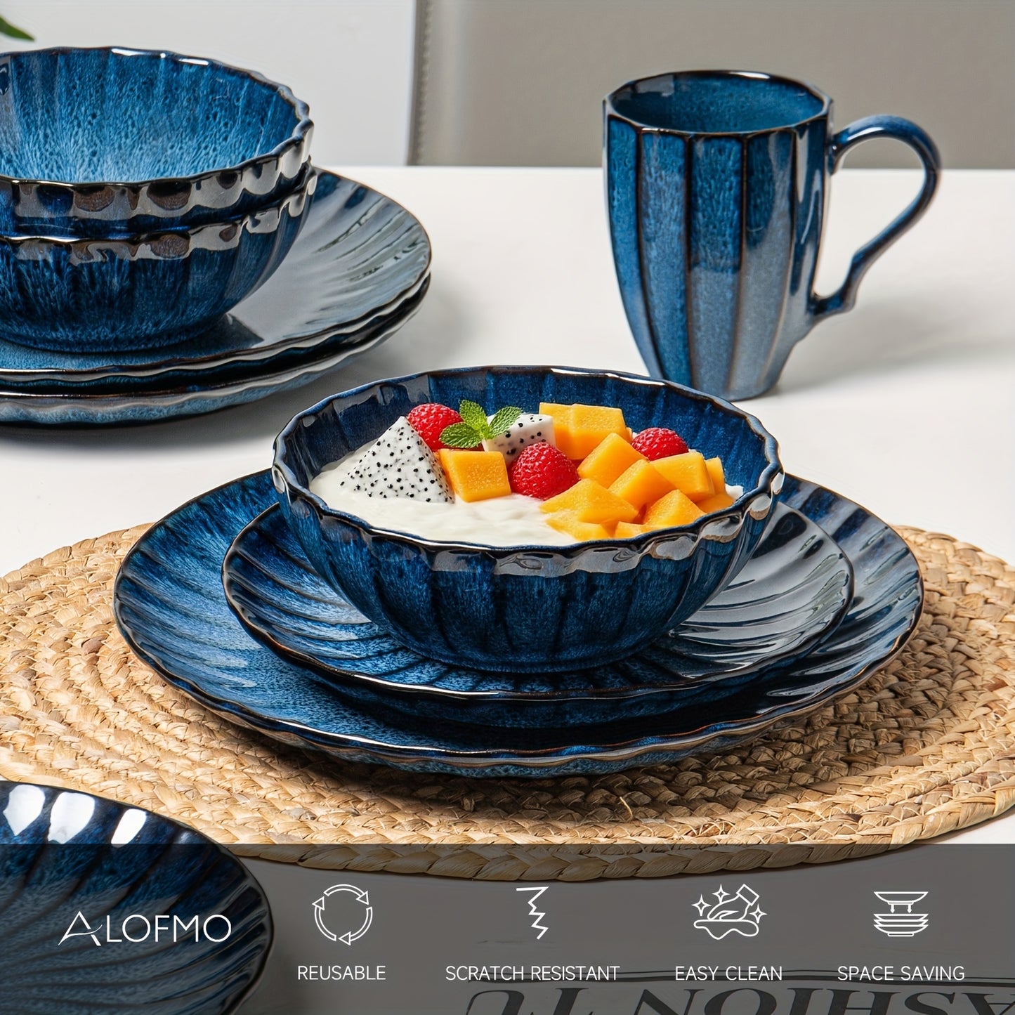 ALOFMO Starry Striped Ceramic Dinnerware Set for 4 People