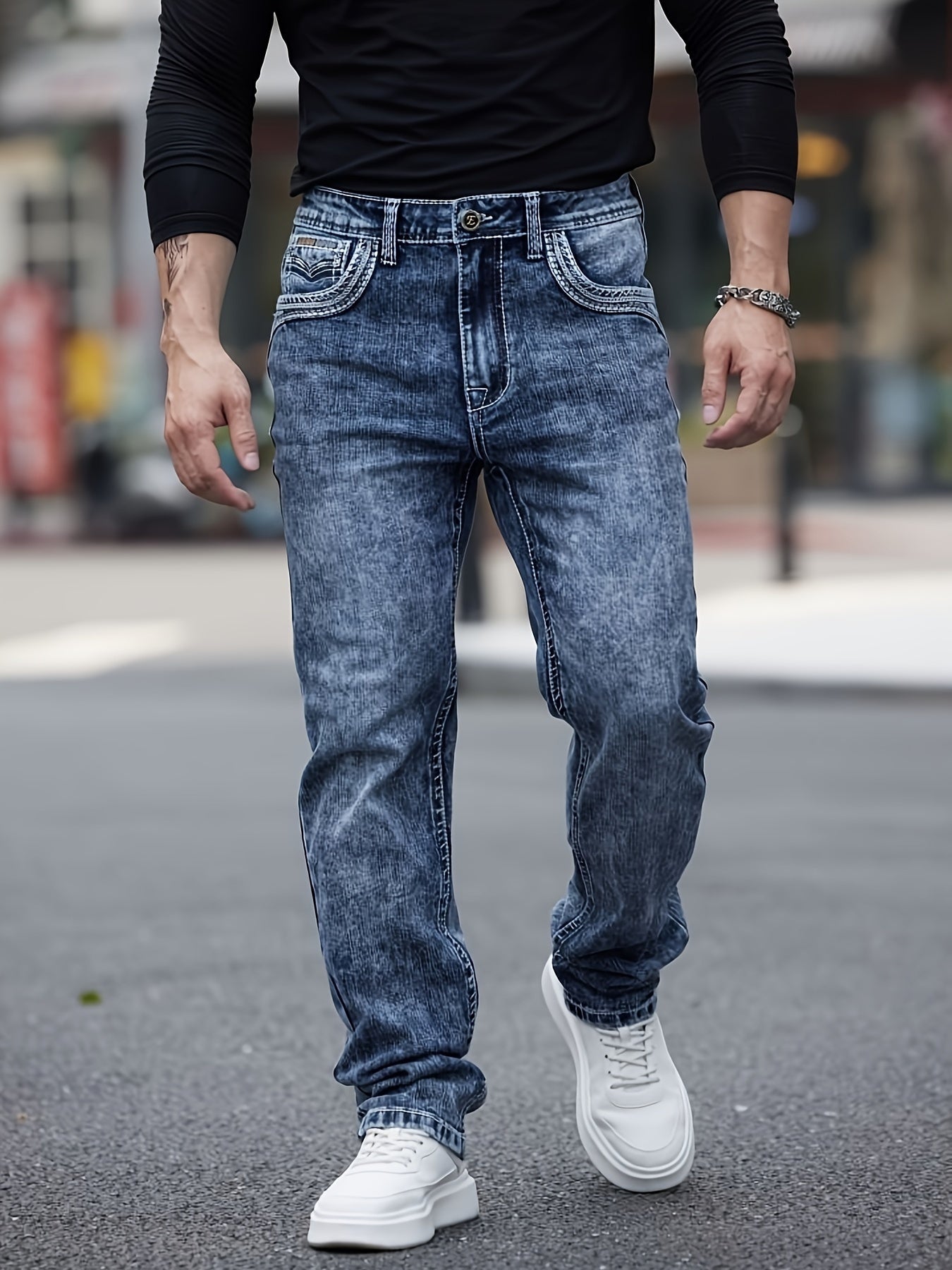 ESDVQ Men's Classic Embroidered Straight-Leg Stretch Denim Pants With Comfortability