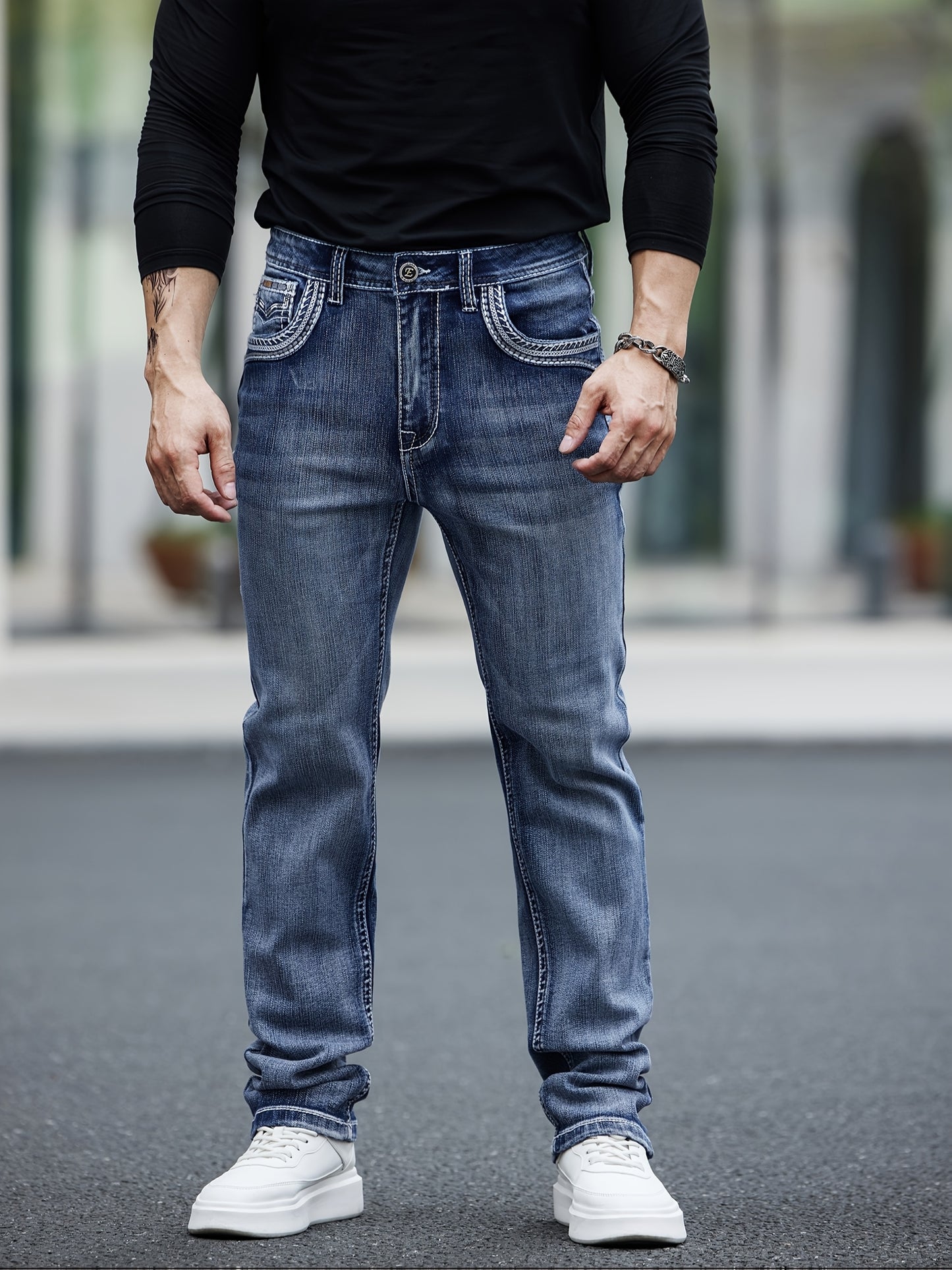 ESDVQ Men's Classic Embroidered Straight-Leg Stretch Denim Pants With Comfortability