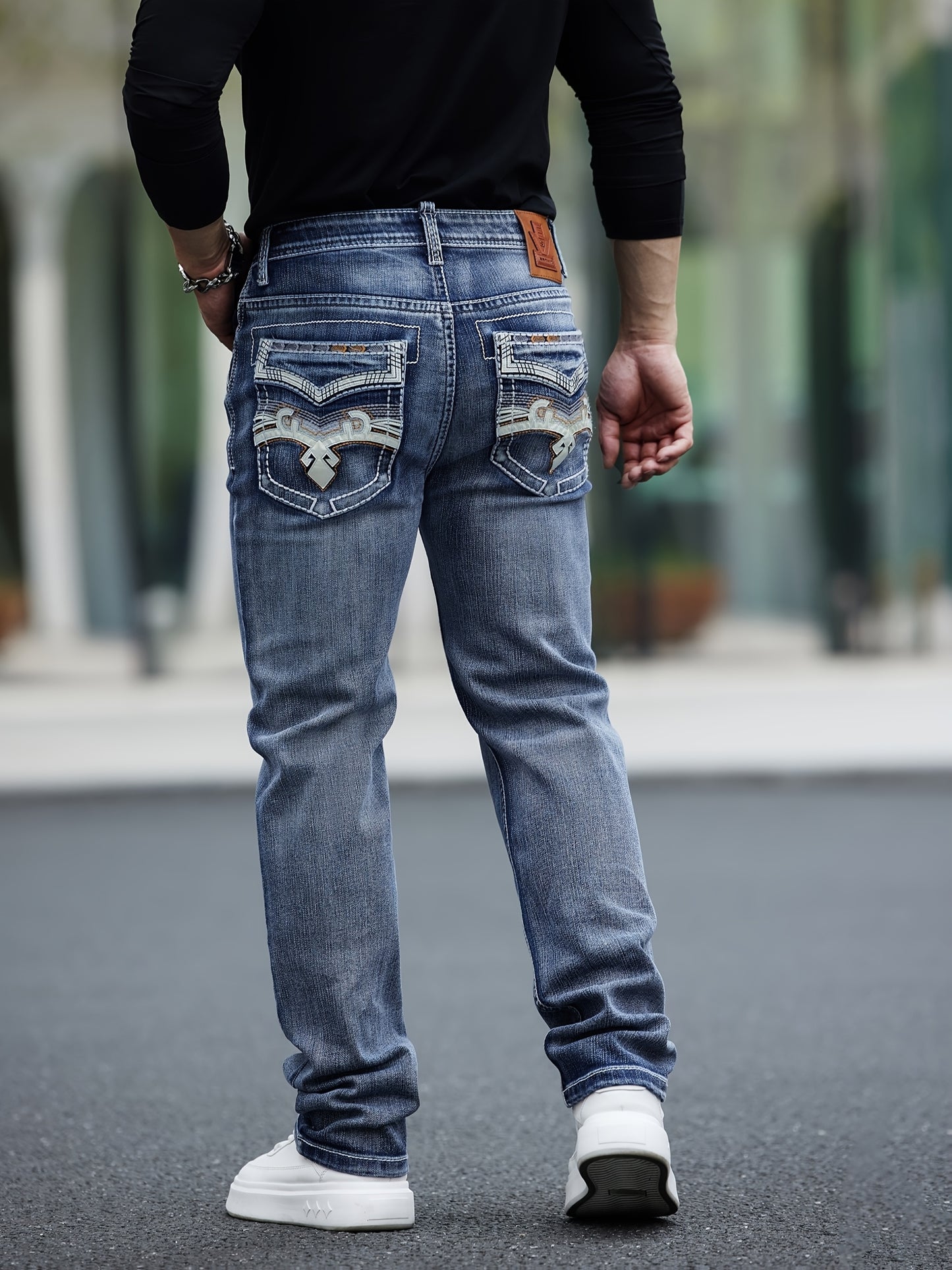 ESDVQ Men's Classic Embroidered Straight-Leg Stretch Denim Pants With Comfortability